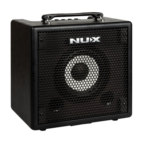 NU-X Mighty Bass 50BT Bluetooth bass amplifier in a compact black cabinet with mesh grille, 6.5" speaker, top-mounted controls and carry handle.