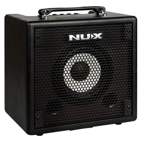 The NU-X Mighty Bass 50BT amplifier boasts a stylish black design with a textured finish and a metal grille protecting the speaker. The NUX brand name stands out prominently on the front. Equipped with built-in effects and Bluetooth connectivity, this amp also features a top handle for convenient portability.