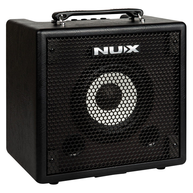 The NU-X Mighty Bass 50BT amplifier boasts a stylish black design with a textured finish and a metal grille protecting the speaker. The NUX brand name stands out prominently on the front. Equipped with built-in effects and Bluetooth connectivity, this amp also features a top handle for convenient portability.