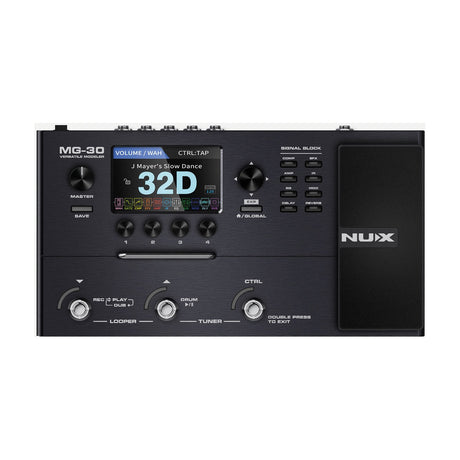 NU-X MG-30 multi-effects modeller pedal with 4" colour LCD, rotary encoders, signal block buttons, expression pedal and three footswitches.