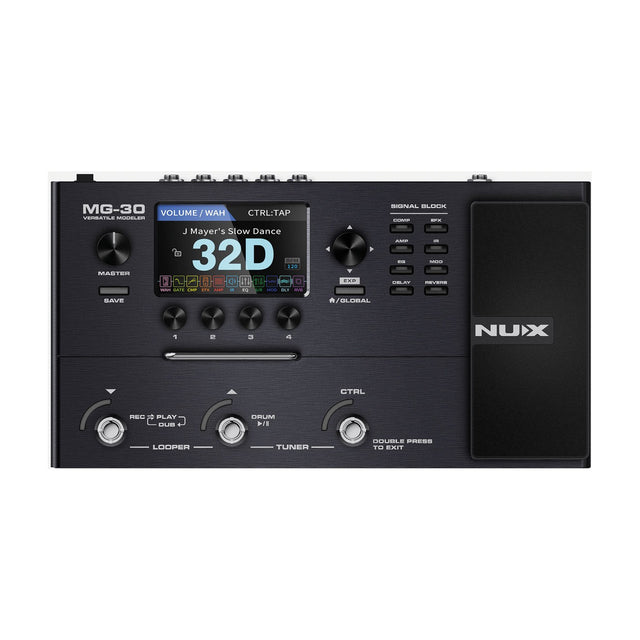NU-X MG-30 multi-effects modeller pedal with 4" colour LCD, rotary encoders, signal block buttons, expression pedal and three footswitches.