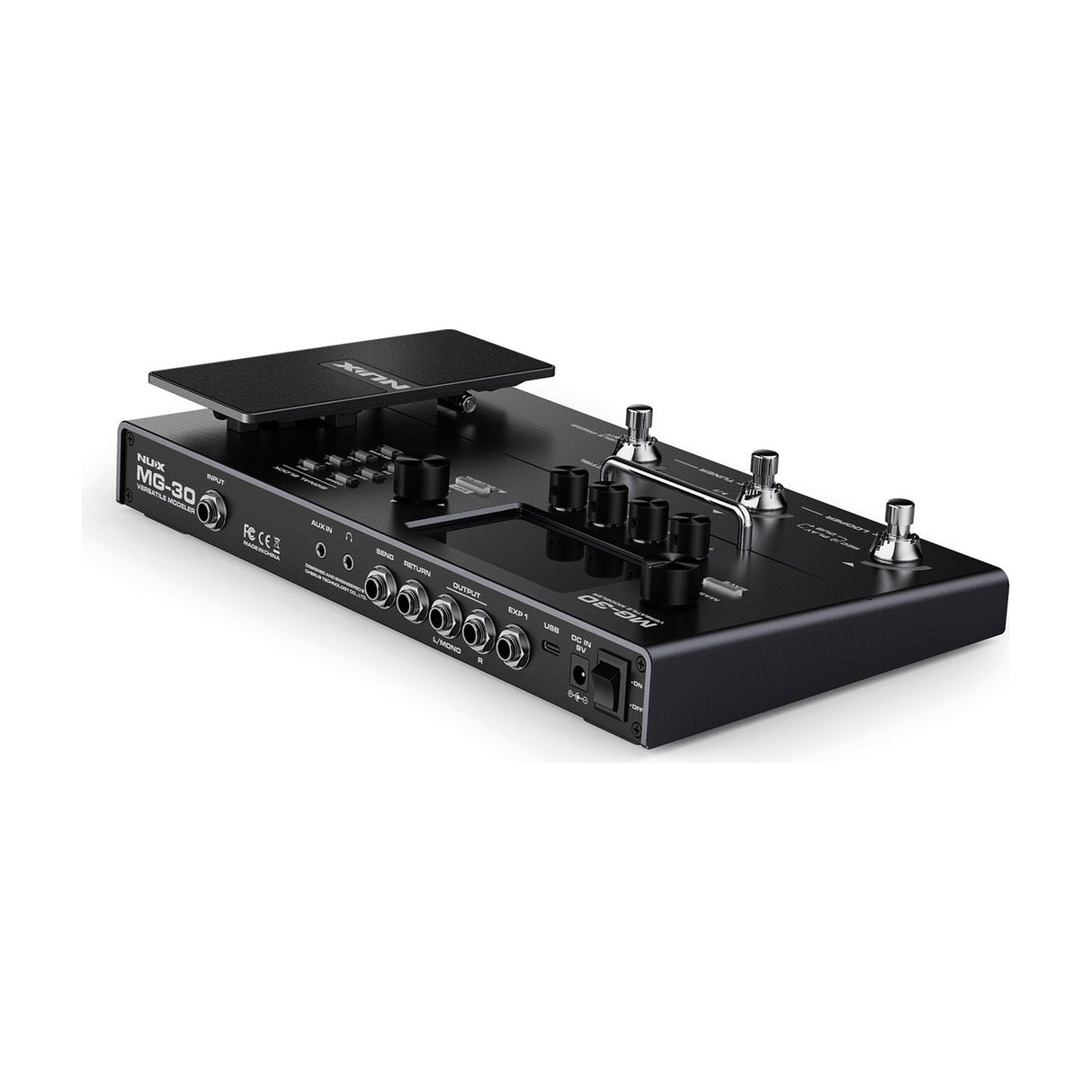 NU-X MG-30 multi-effects modeller pedal in matte black, angled view showing expression pedal, footswitches, rotary controls, jacks, USB-C port and power switch.