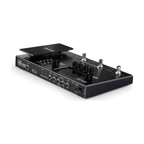 NU-X MG-30 multi-effects modeller pedal in matte black, angled view showing expression pedal, footswitches, rotary controls, jacks, USB-C port and power switch.