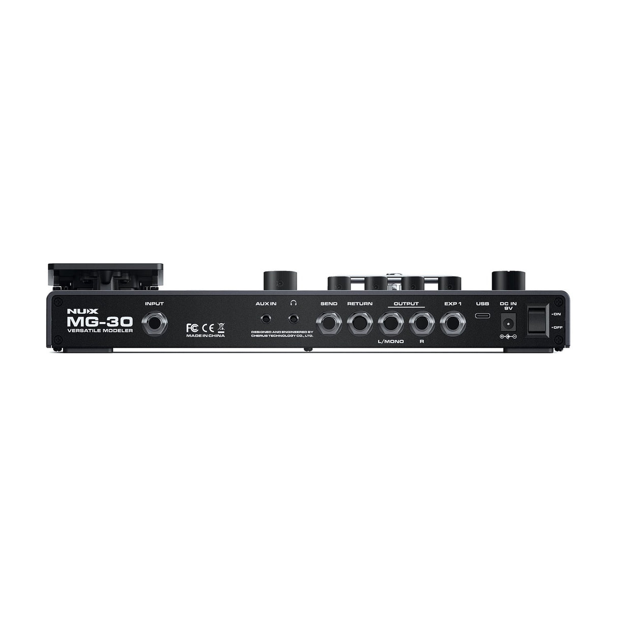 Rear panel of the NU-X MG-30 Multi-Effects Modeller Pedal showing input, aux in, headphone, send, return, stereo outputs, EXP1, USB-C and DC in.