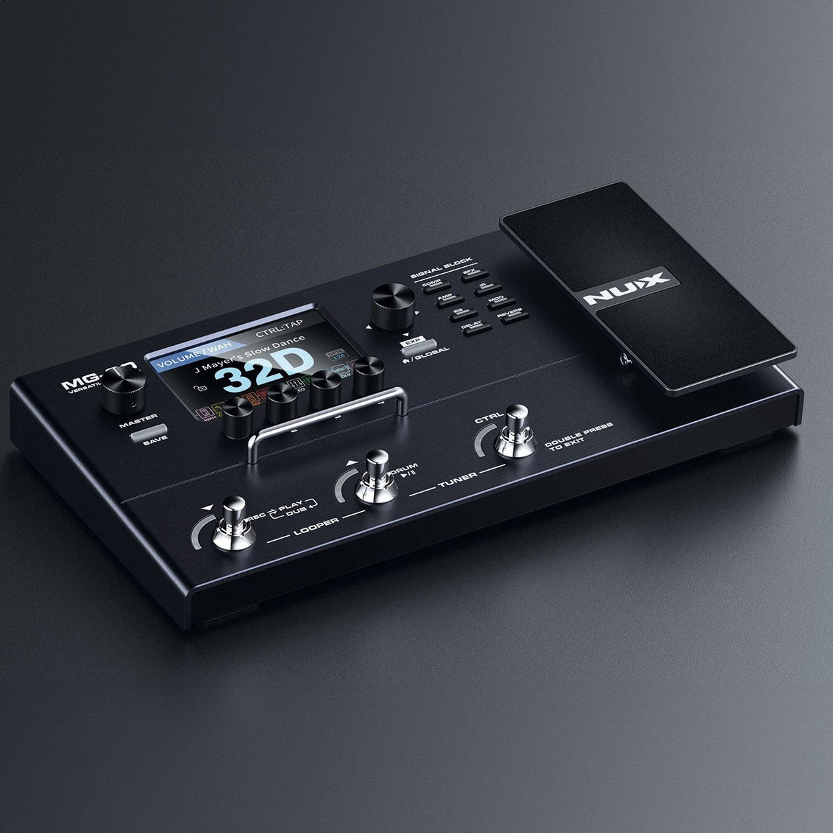 NU-X MG-30 multi-effects modeller pedal in matte black with colour LCD, rotary encoders, footswitches and expression pedal, shown on a dark background.