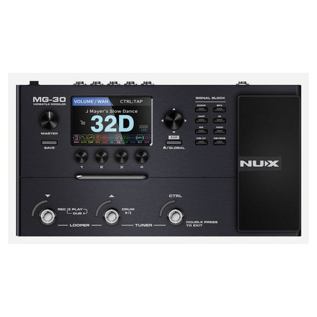 The sophisticated black NU-X MG-30 Multi-Effect Modeler features the J Mayers Slow Dance and 32D and comes equipped with volume/wah controls, a looper, tuner, and various effect settings. It's powered by the advanced NU-X TSAC-HD algorithm for state-of-the-art modeling effect processing.