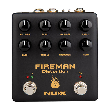 NU-X NDS-5 Fireman dual high gain distortion pedal in matte black with eight control knobs, two footswitches, and gold lettering on a white background.
