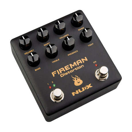 NU-X NDS-5 Fireman dual high gain distortion pedal in matte black with eight control knobs, two footswitches, and gold Fireman branding.