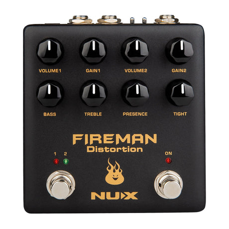 The NU-X Fireman Dual Distortion Pedal is an electric guitar effects pedal tailored for those desiring high gain modded amplifiers. It offers multiple knobs for adjusting Volume, Gain, Bass, Treble, Presence, and Tight settings. The pedal features two footswitches accompanied by a small flame icon to deliver a fiery performance.