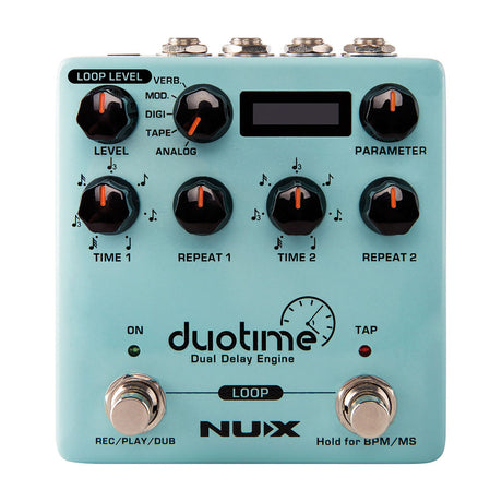 NU-X NDD-6 Duo Time dual engine delay guitar pedal in light blue with Level, Model, Time, Repeat and Parameter knobs, OLED display and twin footswitches.