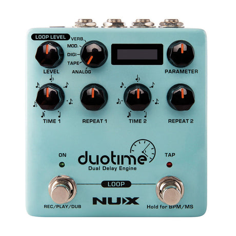 The NU-X Duo Time Dual Delay Pedal is a turquoise digital delay pedal equipped with black knobs for adjusting loop level, time, and various other settings. It includes an LCD screen and buttons for power, tap tempo, and record/play/dub functions. The pedal is labeled as the Duo Time Dual Delay Engine, offering dual simultaneous delays along with a 40-second looper capability.