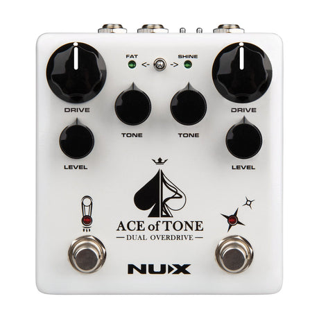 NU-X NDO-5 Ace of Tone dual stacked overdrive guitar pedal in white with twin Drive, Tone and Level knobs, Fat/Shine toggle and two foot switches.