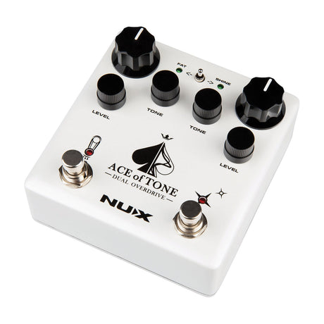 NU-X NDO-5 Ace of Tone Dual Overdrive pedal in white with black drive, level and tone knobs, Fat/Shine toggle and two footswitches, on white.