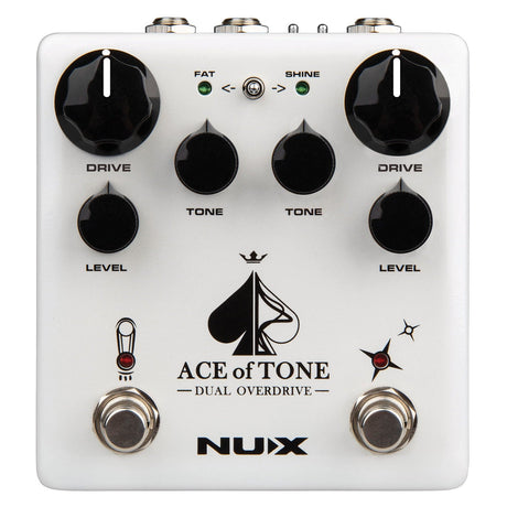 Image of a white guitar effects pedal labeled NU-X Ace Of Tone Dual Overdrive Pedal. It features dual stacked overdrive with two prominent drive knobs, tone and level controls, and two footswitches. The Fat and Shine toggle switch with indicator lights enhances your sound with distinctive grit.