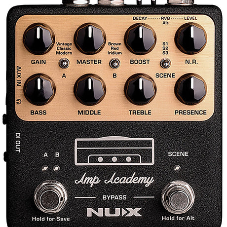 NU-X NGS-6 Amp Academy modelling pedal with black casing, gold control panel, eight black knobs for gain and EQ, and two silver footswitches.