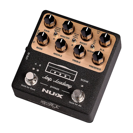 NU-X NGS-6 Amp Academy modelling pedal with black and gold top panel, eight control knobs, mini toggle switches and two metal footswitches.