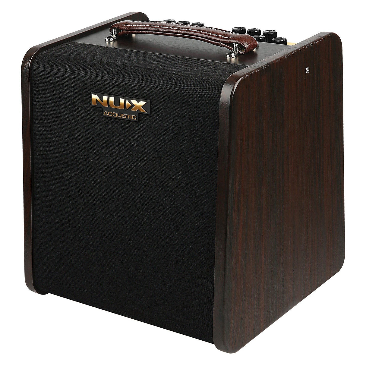 The NU-X Stageman II AC-80 Acoustic Amplifier boasts a sleek black front panel, complemented by wooden sides and topped with a brown leather handle. It includes Bluetooth audio streaming capabilities and convenient control knobs for easy access on the upper surface.
