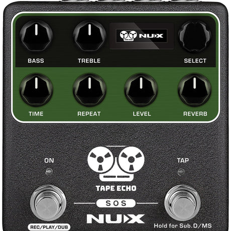 NU-X NDD-7 Tape Echo and Spring Reverb pedal with black casing, green panel, Bass, Treble, Time, Repeat, Level, Reverb knobs, and dual footswitches.