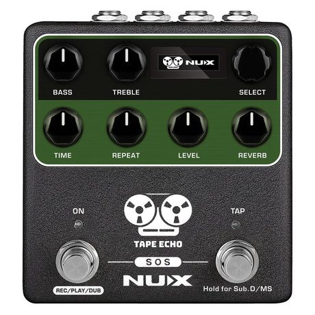 Image of the NU-X Tape Echo Effect Pedal, a vintage echo unit featuring six control knobs: Bass, Treble, Select, Time, Repeat, Level, and Reverb. It includes two footswitches labeled Rec/Play/Dub and Tap. The sleek black and green design is accented by white text.