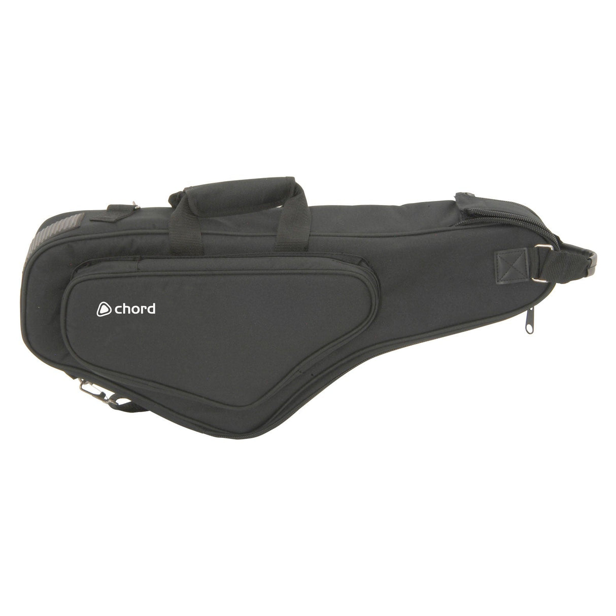 The Chord Tenor Saxophone Transit Bag is showcased in a black design. This sleek, water-resistant bag comes with a padded handle and an adjustable shoulder strap for added protection and ease of portability. Its secure zipper closure ensures it serves as a dependable padded transit bag for any musician on the move.