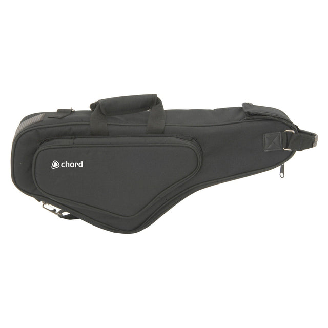 The Chord Tenor Saxophone Transit Bag is showcased in a black design. This sleek, water-resistant bag comes with a padded handle and an adjustable shoulder strap for added protection and ease of portability. Its secure zipper closure ensures it serves as a dependable padded transit bag for any musician on the move.