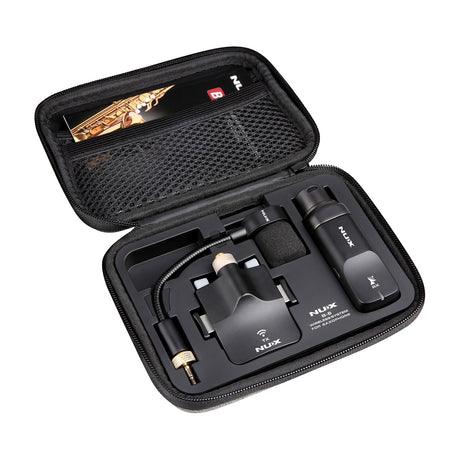 NU-X B-6 wireless saxophone microphone system in open power case with gooseneck mic, clip-on TX transmitter, XLR RX receiver and mesh pocket insert.