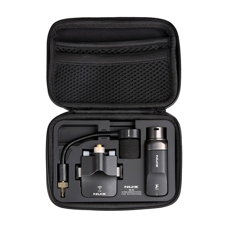 NU-X B-6 wireless saxophone microphone system in open black zipped case with mesh pocket, showing clip-on transmitter, gooseneck mic and XLR receiver.