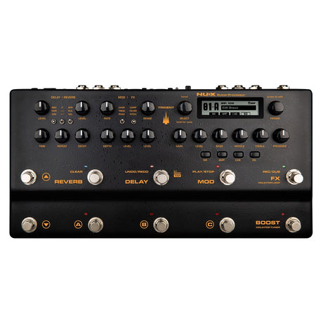 The NU-X Trident Amp Simulator & Multi-Fx Pedal is an effects powerhouse with multiple knobs and switches for reverb, delay, modulation, and amp simulation. It features a digital display and footswitches to control sound settings. The sleek black unit is adorned with orange and white labeling for easy navigation.