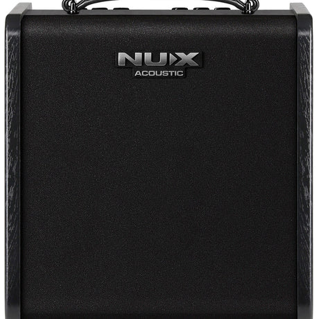 NU-X Stageman II AC-60 acoustic guitar and vocal amplifier in matte black with speaker grille and top-mounted control panel with carry handle.