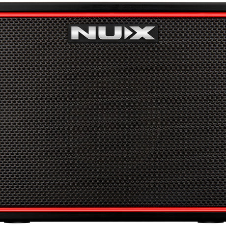 NU-X Mighty Lite BT mkII Bluetooth guitar amp shown close-up, black mesh grille with red trim and central NU-X logo badge.