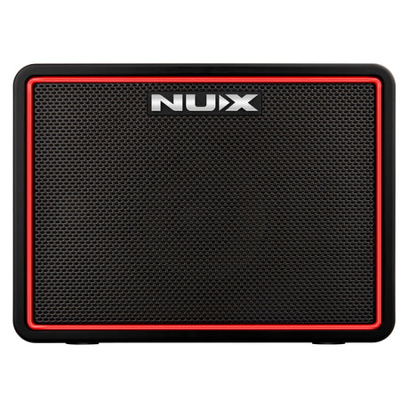 The NU-X Mighty Lite BT Mkii Guitar Amp in black boasts an eye-catching red trim and a textured grill on the front. Equipped with Bluetooth connectivity, it prominently features the NUX logo at the top center, making it ideal for any guitarist who values both style and functionality.