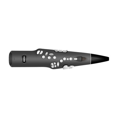 NU-X NES-1 digital wind instrument in grey with silver saxophone-style keys, black mouthpiece and end cap, shown on a plain white background.