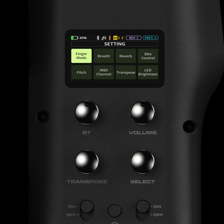 Close-up of the AVSL NU-X NES-1 digital wind instrument control panel in grey, showing the settings display, BT, volume, transpose and select dials.