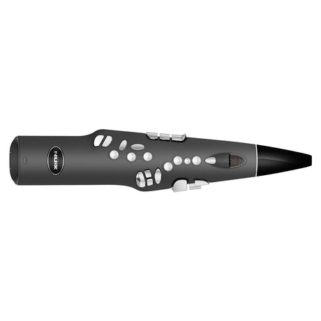 The NU-X NES-1 Digital Wind Instrument in grey features a sleek design with white buttons and a conical mouthpiece. Perfect for saxophone players, it includes various keys and controls along its length and boasts an advanced wireless system for seamless performance.