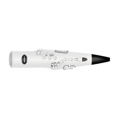 NU-X NES-1 wireless digital wind instrument in white with silver saxophone-style keys and black mouthpiece, shown horizontally on a plain background.