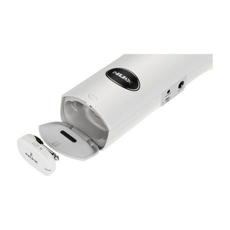NU-X NES-1 wireless digital wind instrument in white, shown with the base compartment open to reveal the 5.8GHz plug-in receiver and USB-C port.