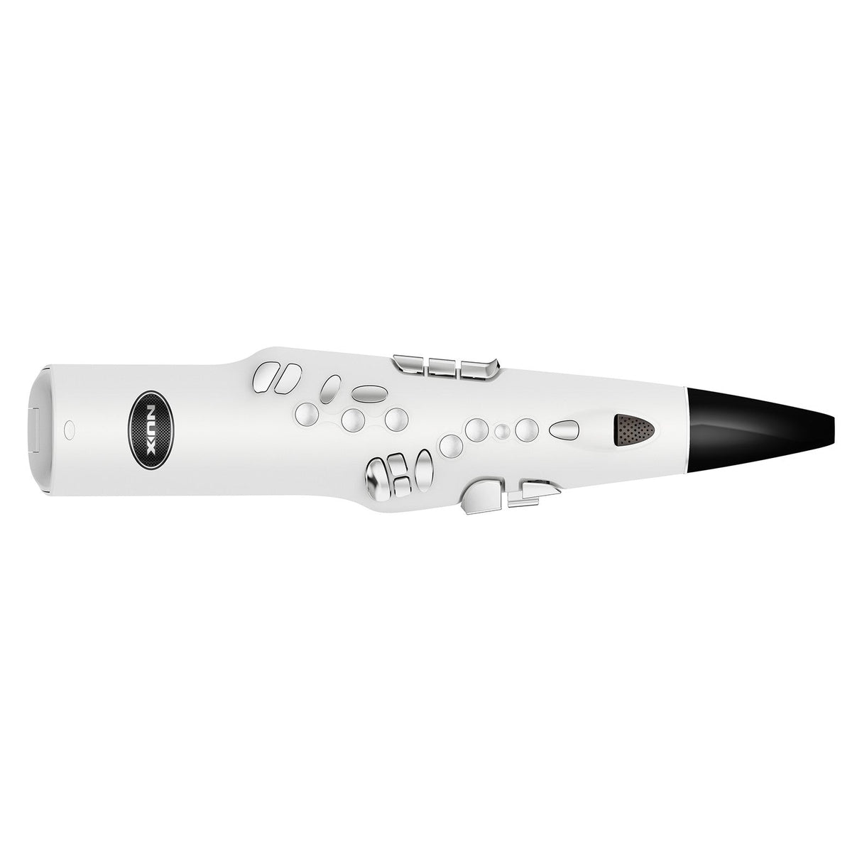 A sleek and modern NU-X NES-1 Digital Wind Instrument in a white design, adorned with various buttons along its body and a prominently displayed brand logo. This instrument is crafted for functionality, similar to how the 5.8GHz plug-in receiver optimizes wireless performance for saxophone players.