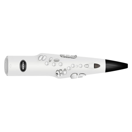 A sleek and modern NU-X NES-1 Digital Wind Instrument in a white design, adorned with various buttons along its body and a prominently displayed brand logo. This instrument is crafted for functionality, similar to how the 5.8GHz plug-in receiver optimizes wireless performance for saxophone players.