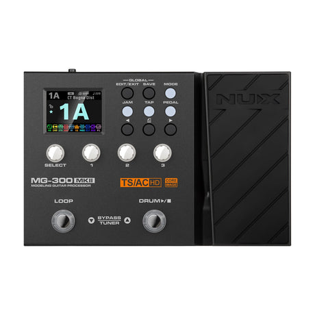 NU-X MG-300 mkII guitar multi-FX pedal in matte black with colour display, control knobs, footswitches and integrated expression pedal on a white background.