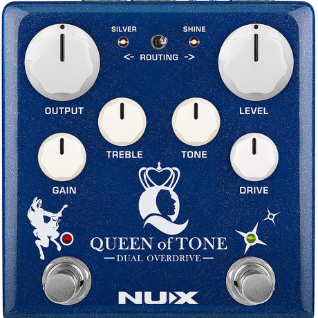 NU-X NDO-6 Queen of Tone dual overdrive guitar pedal in blue with six white knobs, routing toggle, two footswitches, and LED indicators.