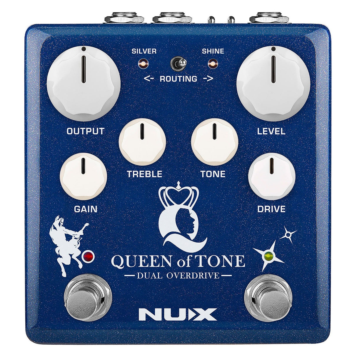 The NU-X Queen Of Tone Dual Overdrive Pedal, available in blue, integrates the renowned Morning Star and Horseman circuits. It offers a variety of controls including output, gain, treble, tone, level, and drive knobs. Additionally, it features Silver and Shine routing switches along with foot switches at the bottom for enhanced versatility during performances.