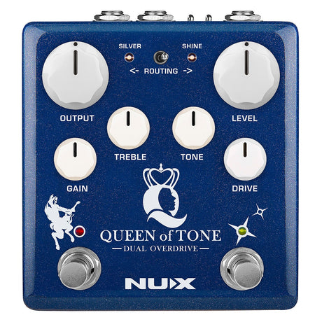 The NU-X Queen Of Tone Dual Overdrive Pedal, available in blue, integrates the renowned Morning Star and Horseman circuits. It offers a variety of controls including output, gain, treble, tone, level, and drive knobs. Additionally, it features Silver and Shine routing switches along with foot switches at the bottom for enhanced versatility during performances.