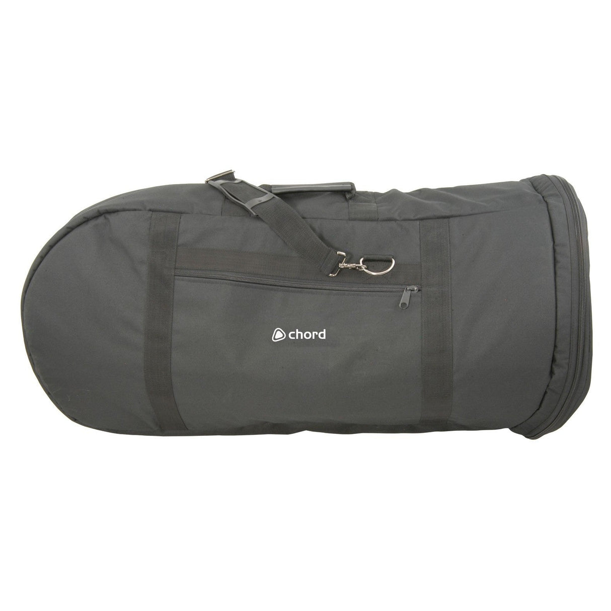 The Chord E Flat Tuba Transit Bag is a black, heavy-duty nylon storage solution designed specifically for a musical instrument. It includes a zippered side pocket and an adjustable shoulder strap, making it ideal for storing wind instruments. The bag is showcased against a plain white background.