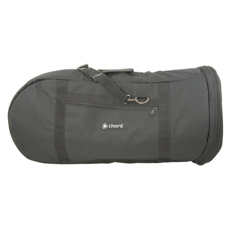 The Chord E Flat Tuba Transit Bag is a black, heavy-duty nylon storage solution designed specifically for a musical instrument. It includes a zippered side pocket and an adjustable shoulder strap, making it ideal for storing wind instruments. The bag is showcased against a plain white background.