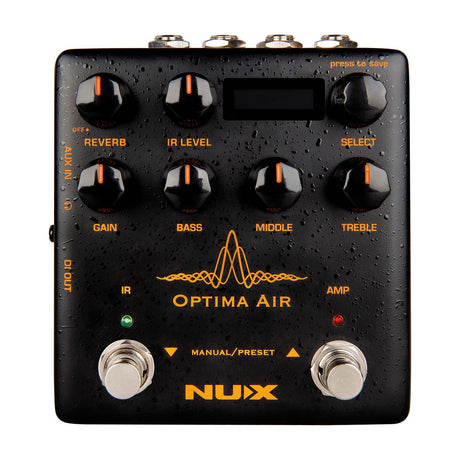 NU-X Optima Air Acoustic Simulator and IR Loader guitar pedal in matte black with orange knobs for reverb, IR level, gain, bass, middle and treble.