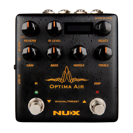 The NU-X Optima Air Acoustic Simulator Pedal, designed in black, is tailored for acoustic guitar simulation and includes controls for reverb, IR level, gain, bass, middle, and treble. It features two footswitches labeled IR and AMP with the NUX branding at the bottom corner and functions effectively as an impulse response loader.