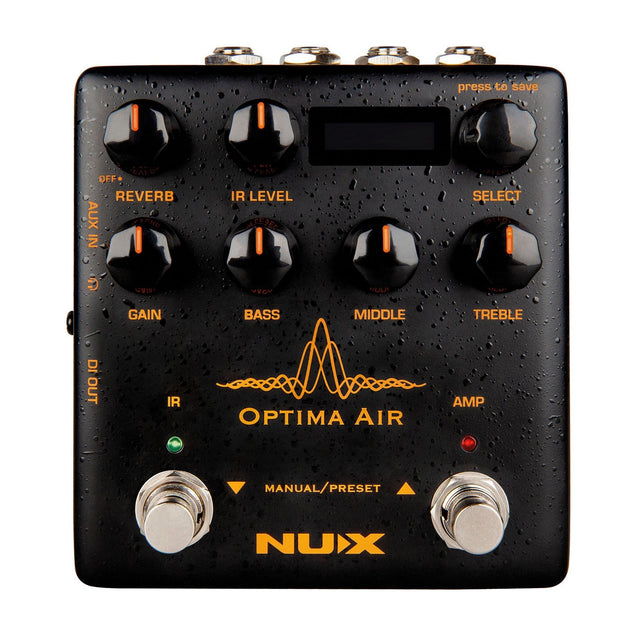 The NU-X Optima Air Acoustic Simulator Pedal, designed in black, is tailored for acoustic guitar simulation and includes controls for reverb, IR level, gain, bass, middle, and treble. It features two footswitches labeled IR and AMP with the NUX branding at the bottom corner and functions effectively as an impulse response loader.