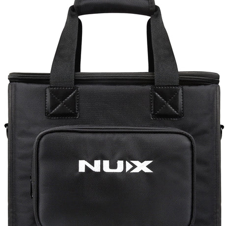 NU-X AC-25 padded transit bag in black with double top handles, front zipped pocket and white NUX logo, shown on a plain background.