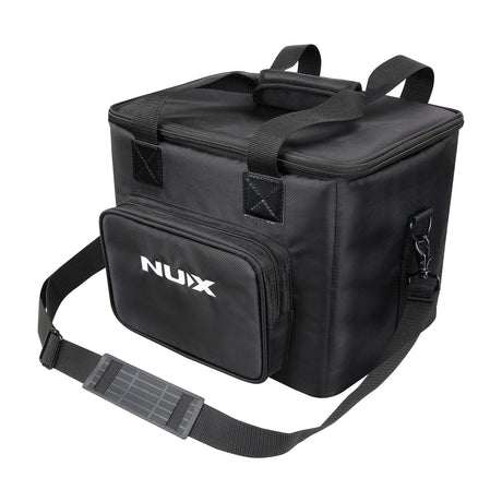 NU-X AC-25 padded transit bag in black with double top handles, adjustable shoulder strap, and zipped front pocket with white logo, on a white background.
