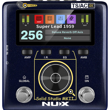 NU-X NSS-6 Solid Studio mkII amp and cab emulation pedal in dark blue, with colour display showing Super Lead 1959, central dial and twin footswitches.